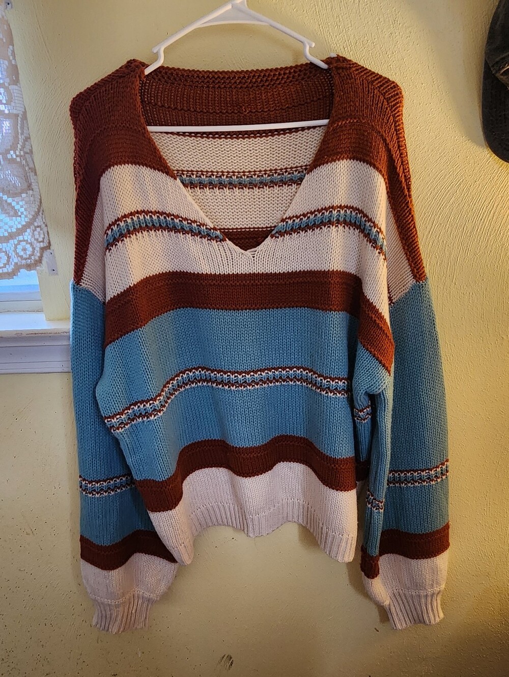 Striped V-Neck Knit Sweater in Rust, Sky Blue & Cream